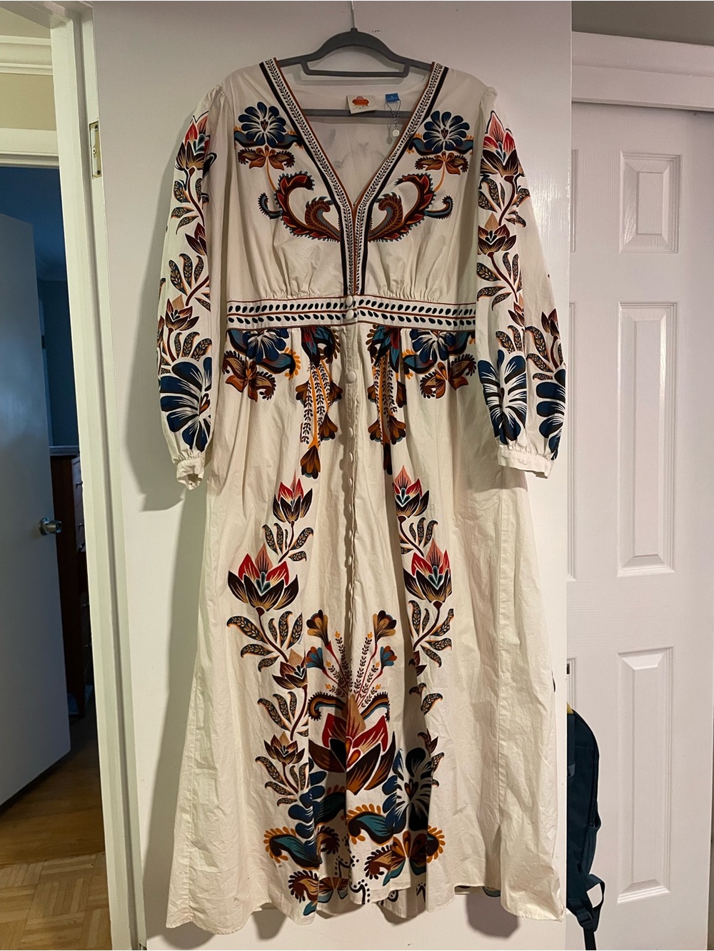 Farm Rio Embroidered Cream Maxi Dress with Multicolor Floral Motif, sz 1X